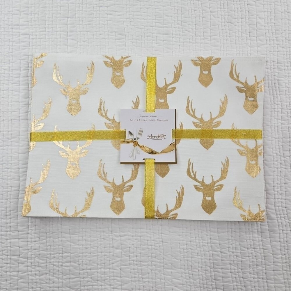 Colordrift Reindeer Christmas Placemats Set 4pc Table Mats 13x18in NEW